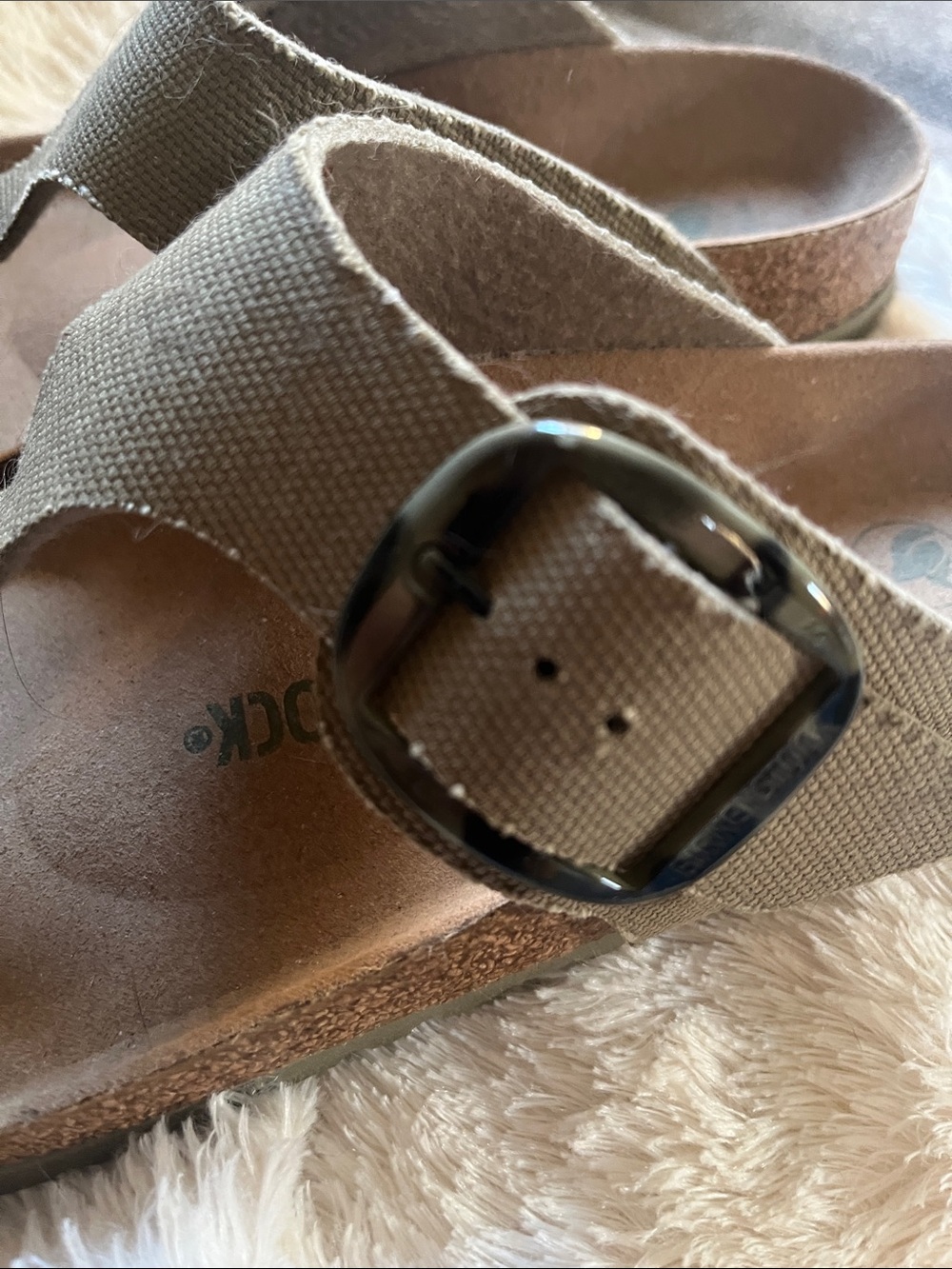 Vegan Birkenstock Tan Canvas Thong Sandals Big Buckle Rivet Logo Khaki 9 40 - Picture 4 of 8